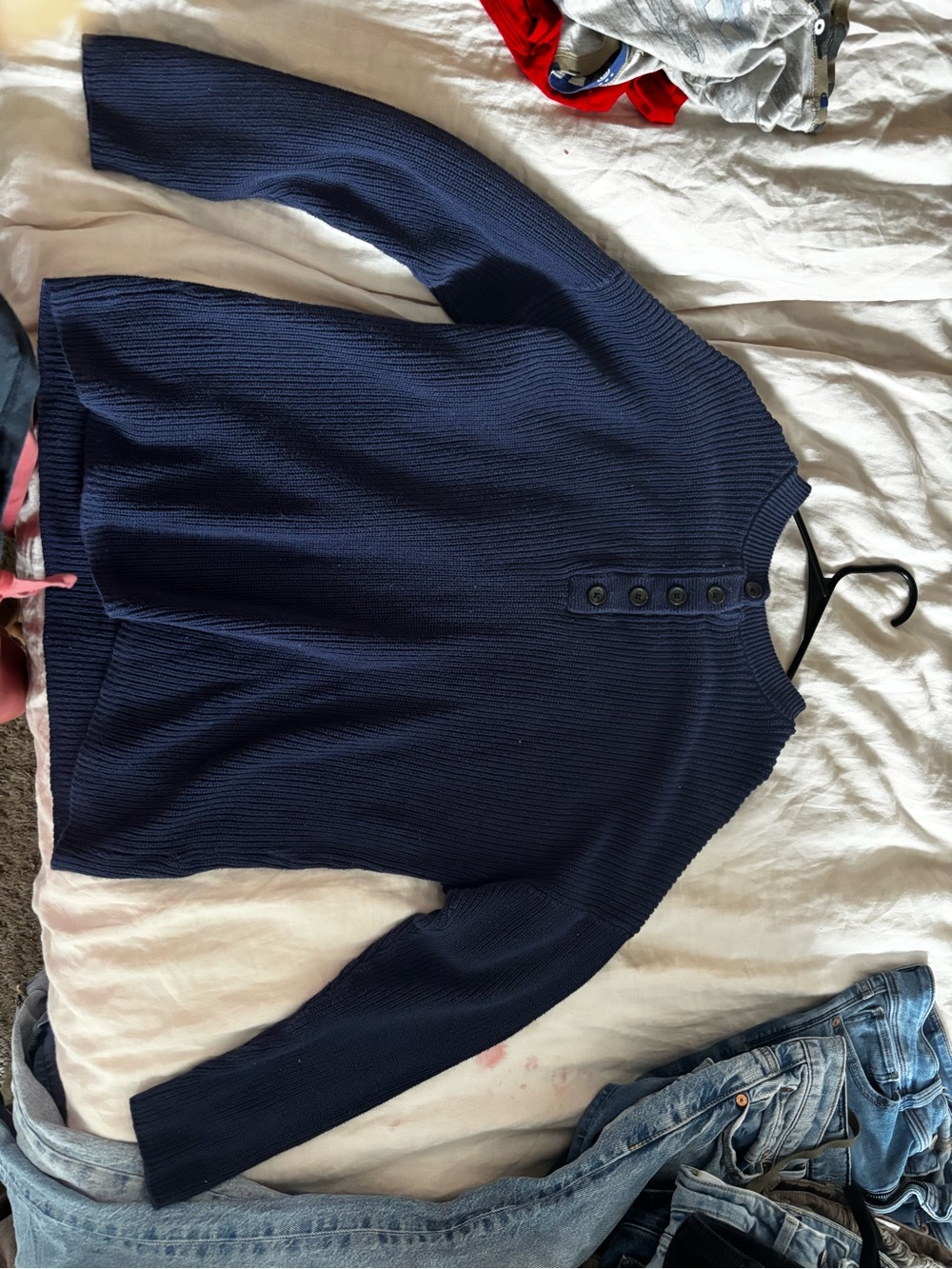 aerie Navy Ribbed Henley Crew Sweater